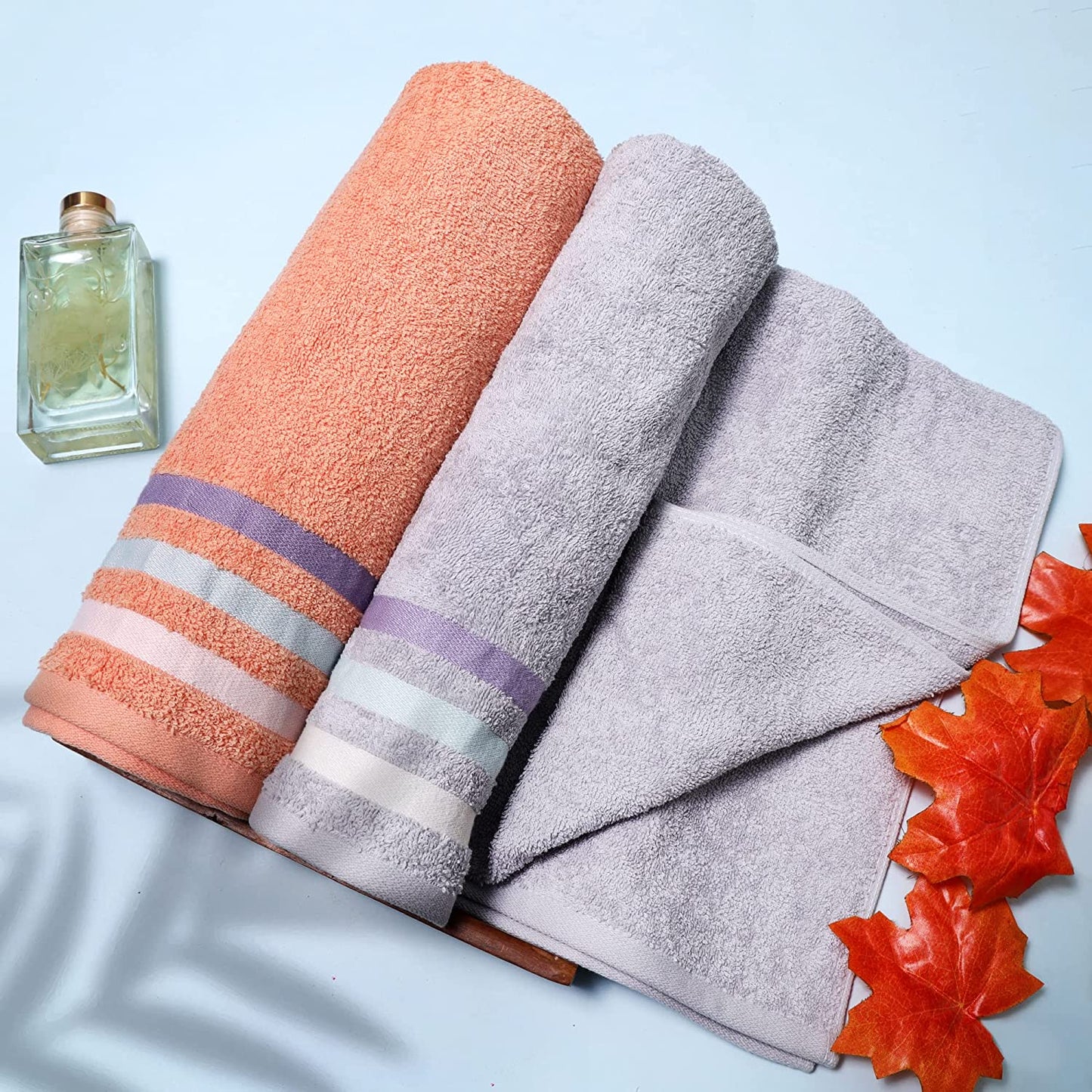 Bath Towel Set of 2, 100% Cotton Grey Peach - Cherryland