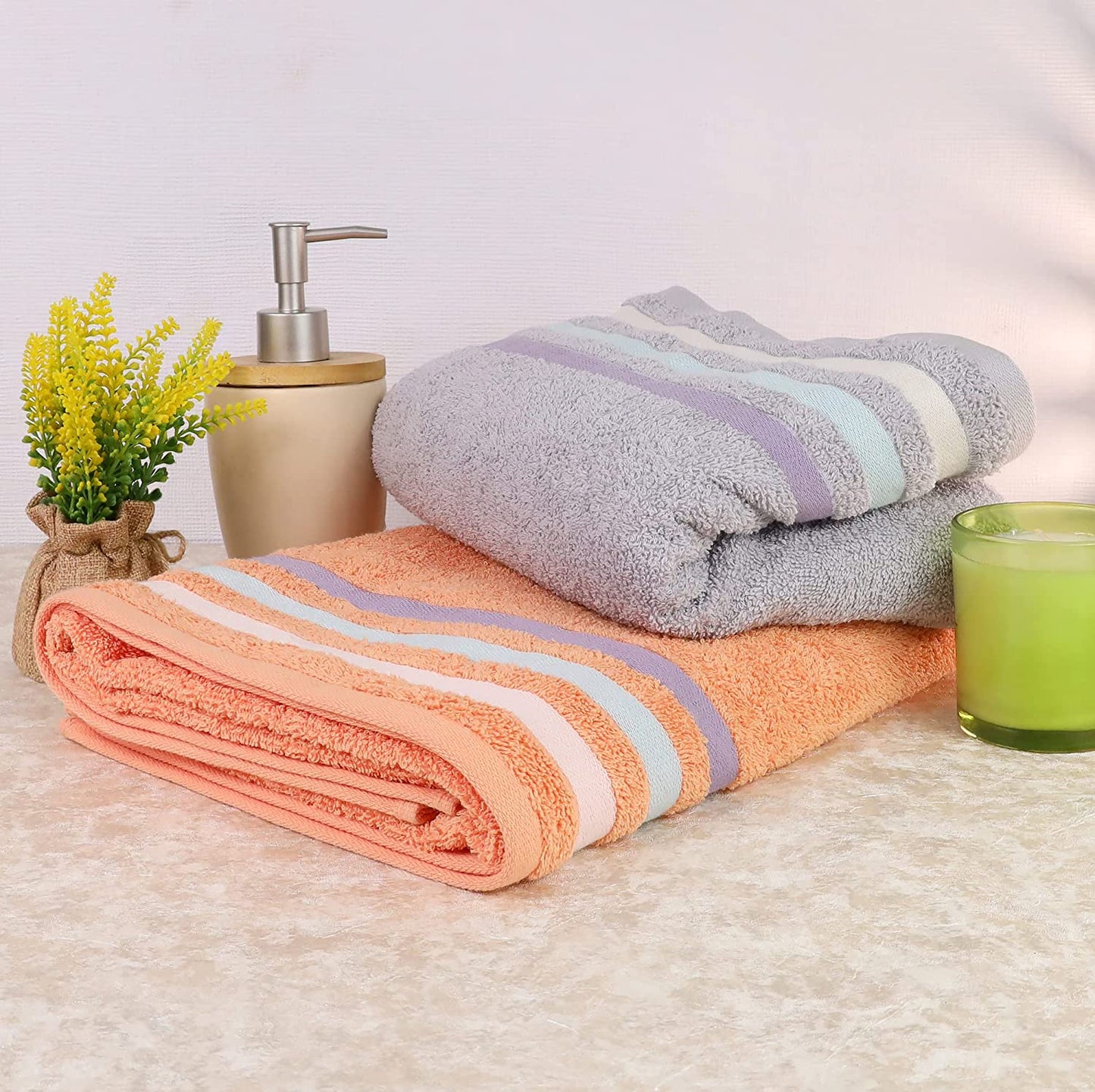 Bath Towel Set of 2, 100% Cotton Grey Peach - Cherryland