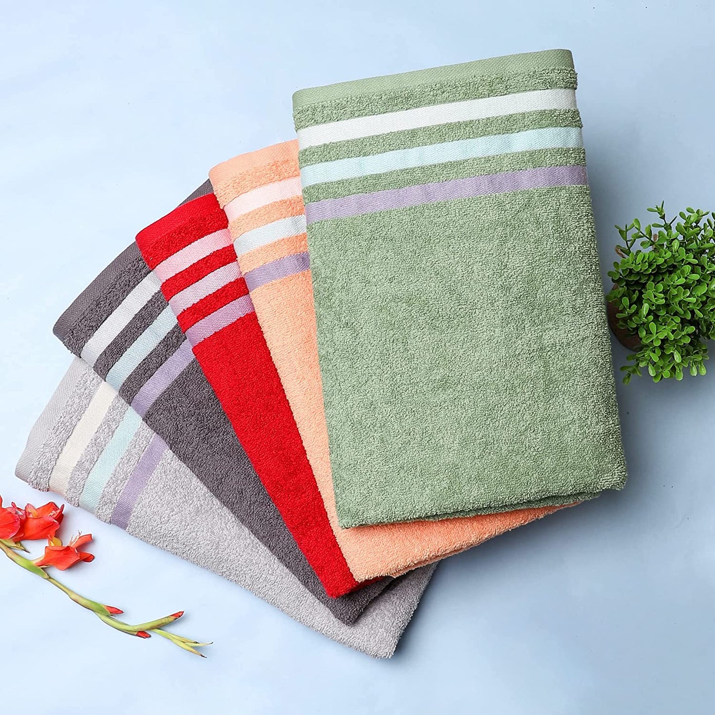Bath Towel Set of 2, 100% Cotton Red Green - Cherryland