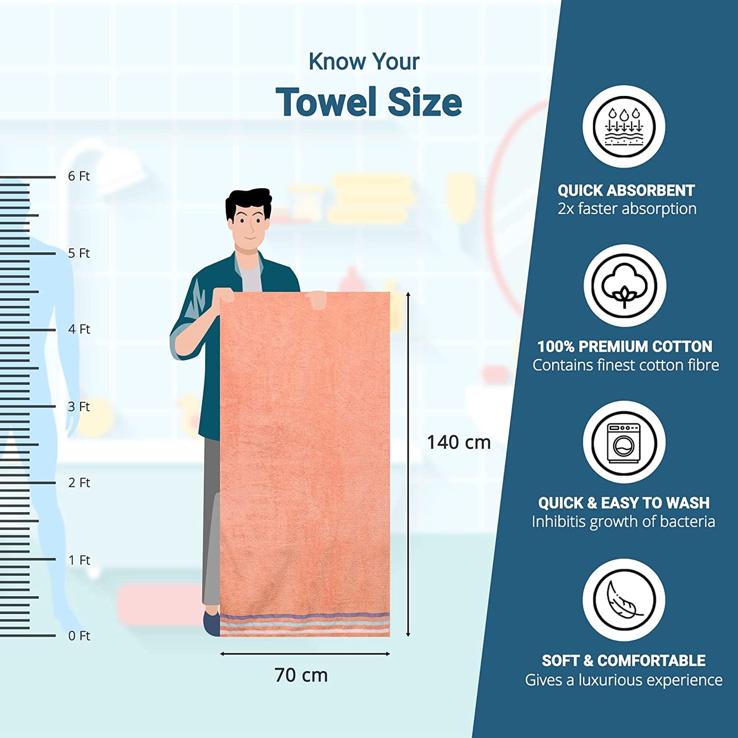 Bath Towel Set of 1, 100% Cotton Peach