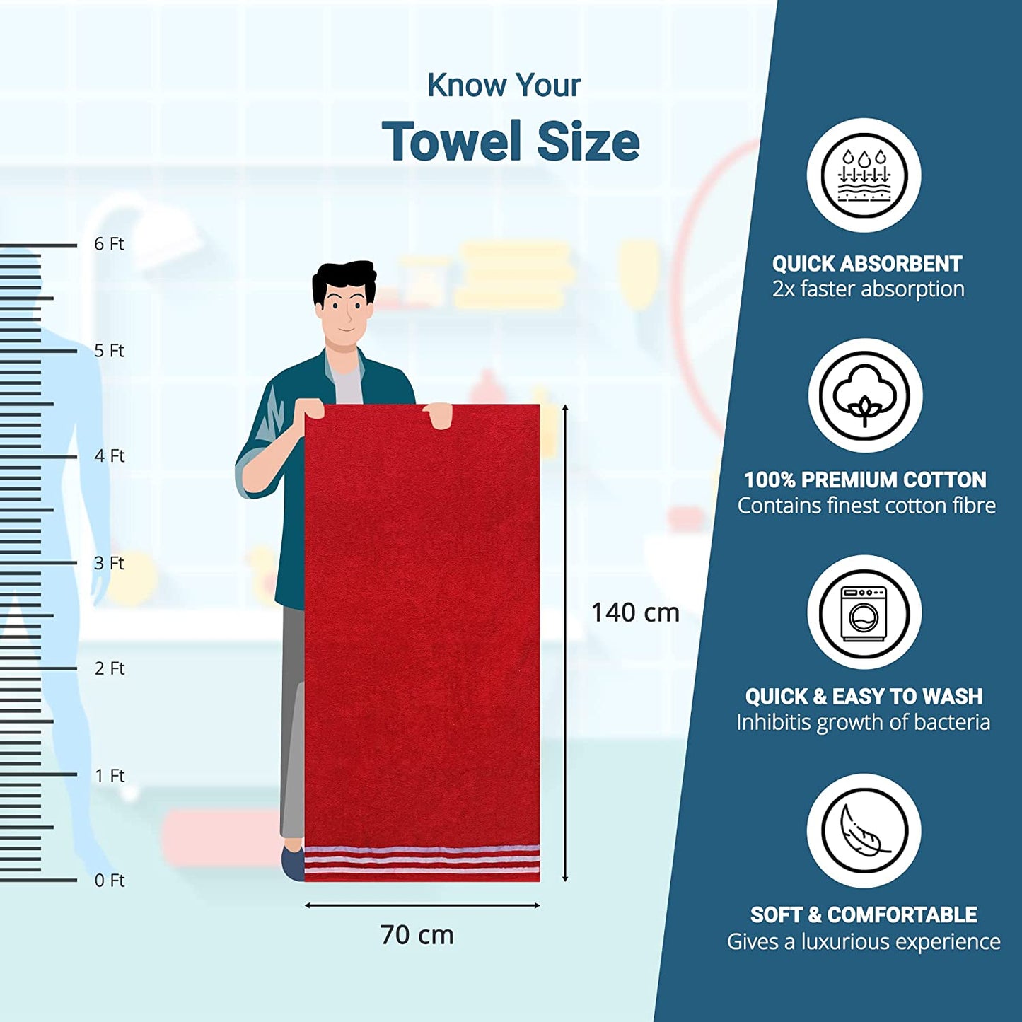 Bath Towel Set of 2, 100% Cotton Red Peach - Cherryland