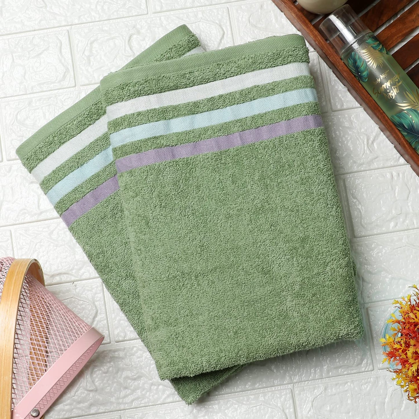 Bath Towel Set of 2, 100% Cotton Green Green - Cherryland