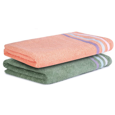 Bath Towel Set of 2, 100% Cotton Green Peach - Cherryland