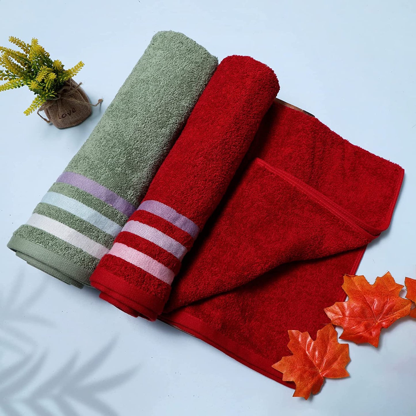 Bath Towel Set of 2, 100% Cotton Red Green - Cherryland