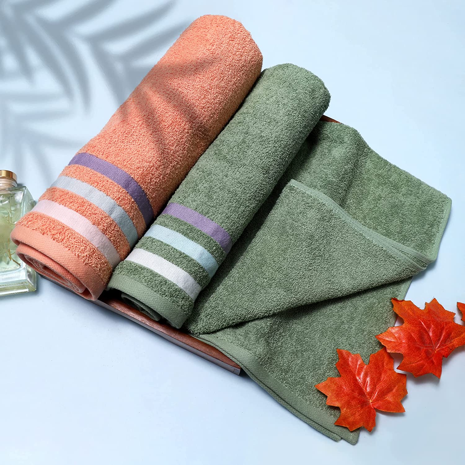 Bath Towel Set of 2, 100% Cotton Green Peach - Cherryland