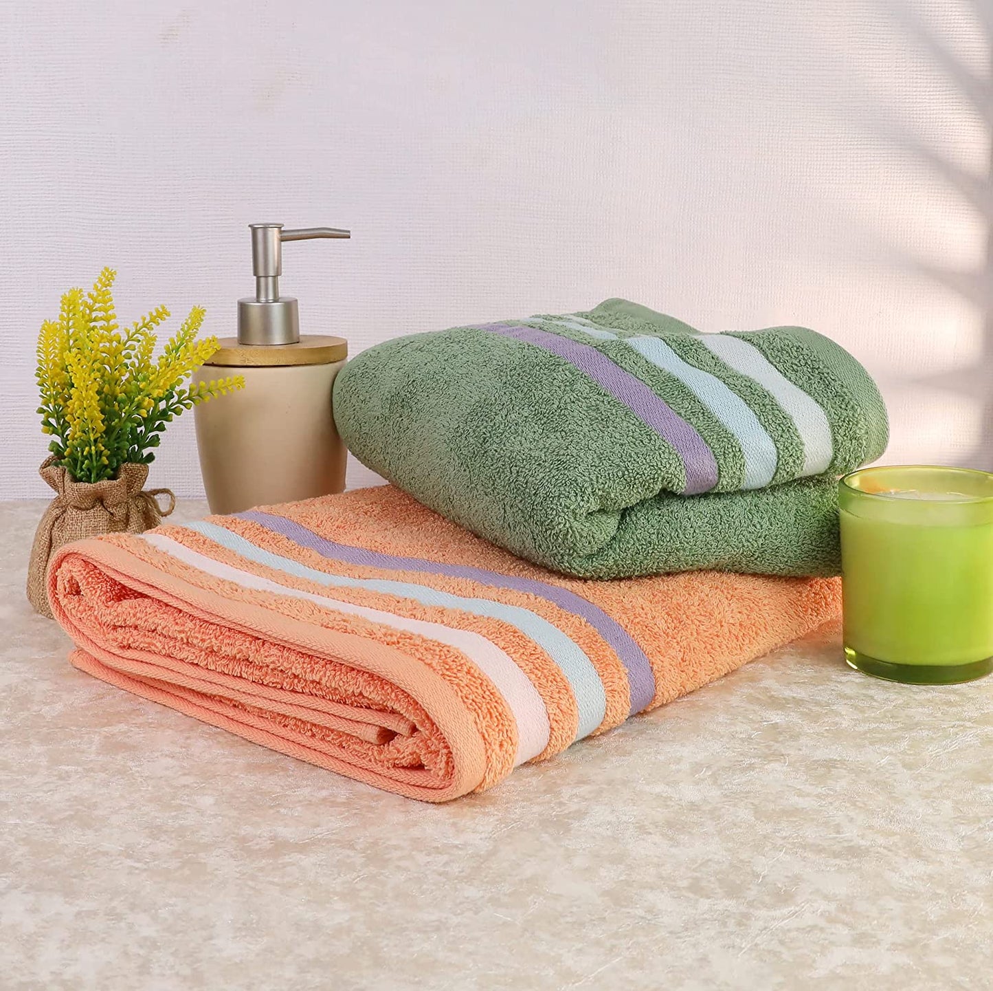 Bath Towel Set of 2, 100% Cotton Green Peach - Cherryland