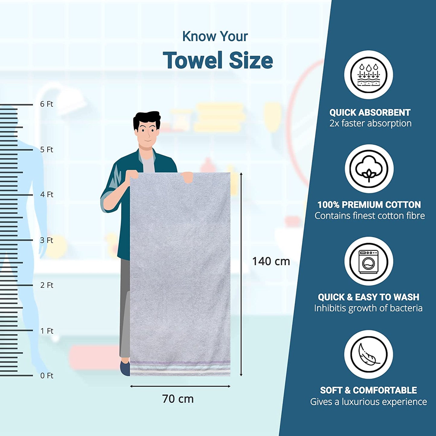 Bath Towel Set of 1, 100% Cotton Grey