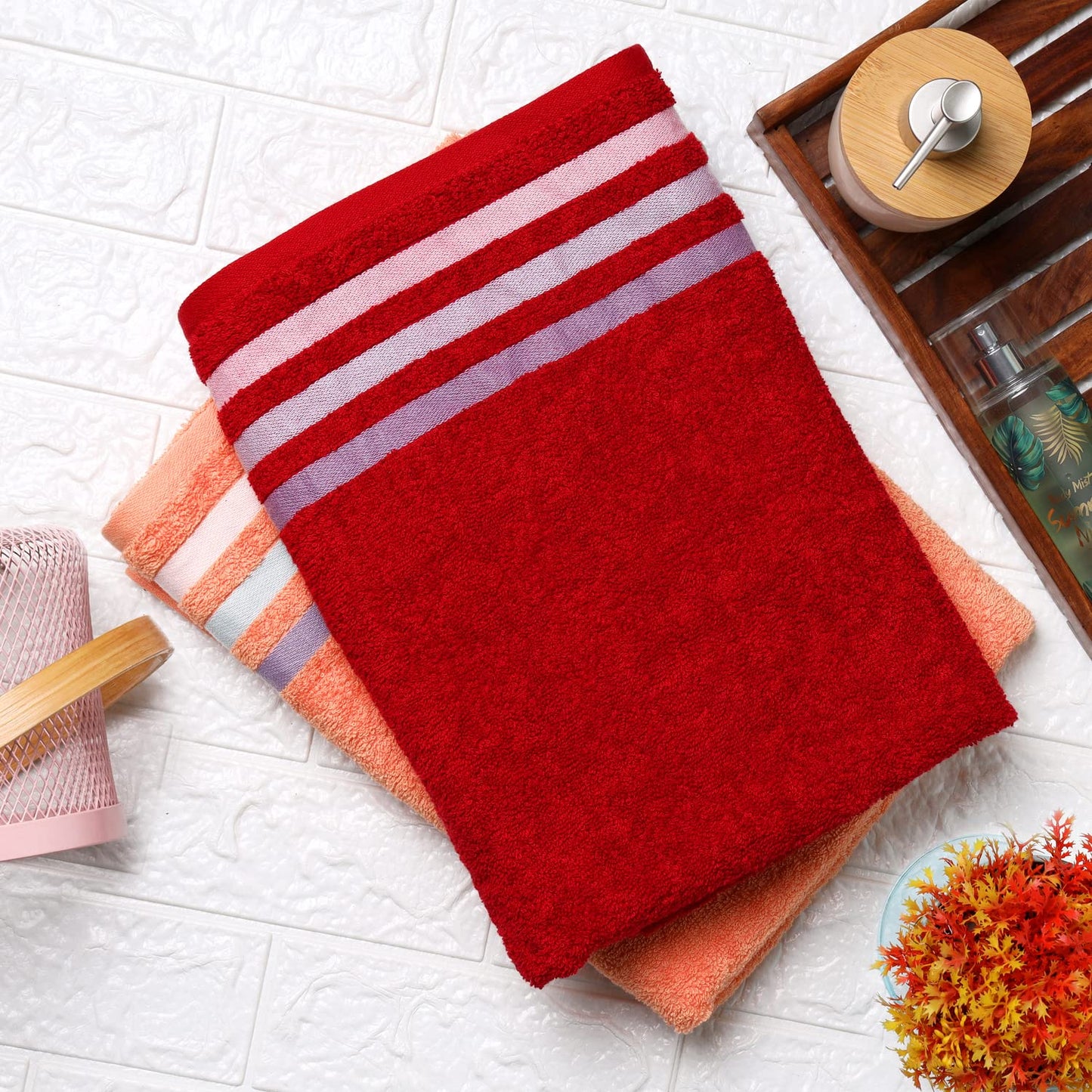 Bath Towel Set of 2, 100% Cotton Red Peach - Cherryland