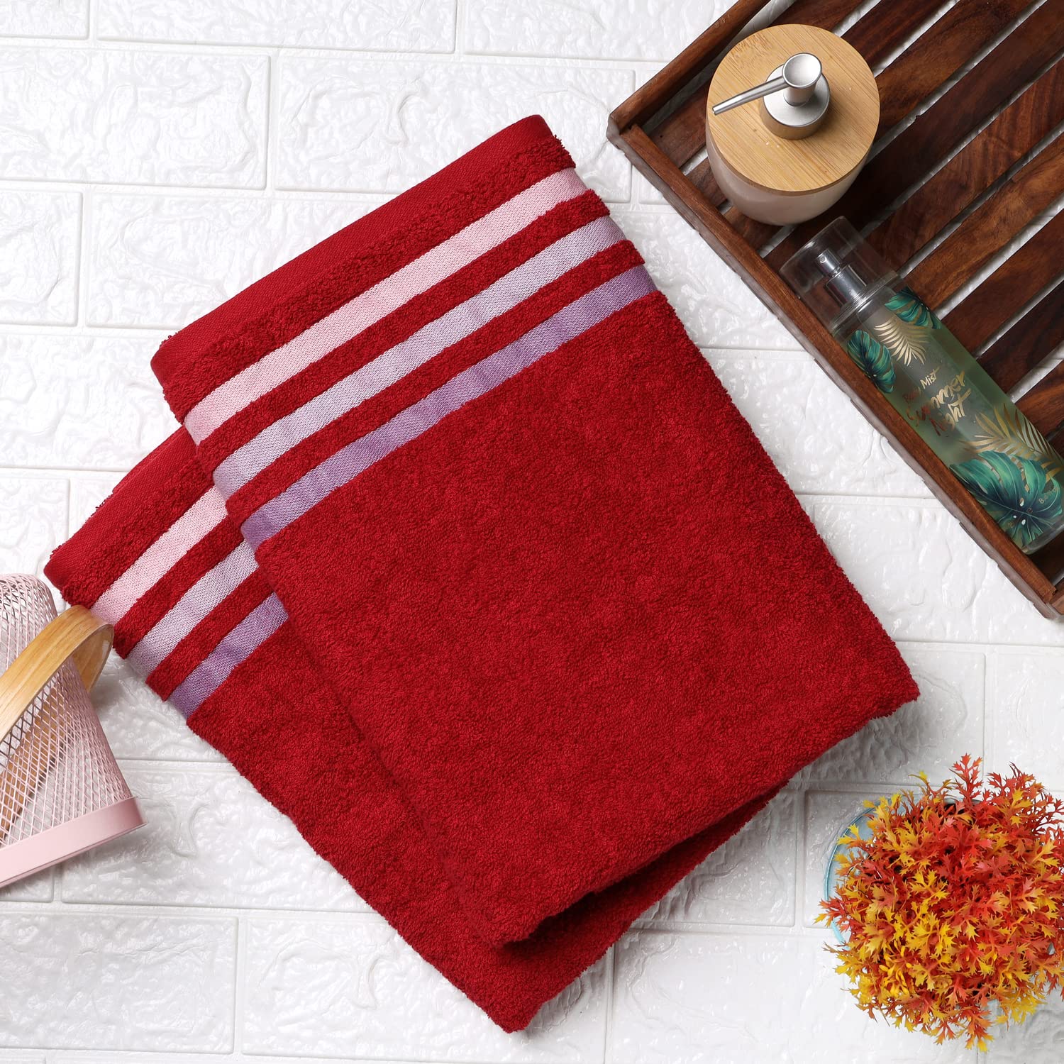 Bath Towel Set of 2, 100% Cotton Red Red - Cherryland