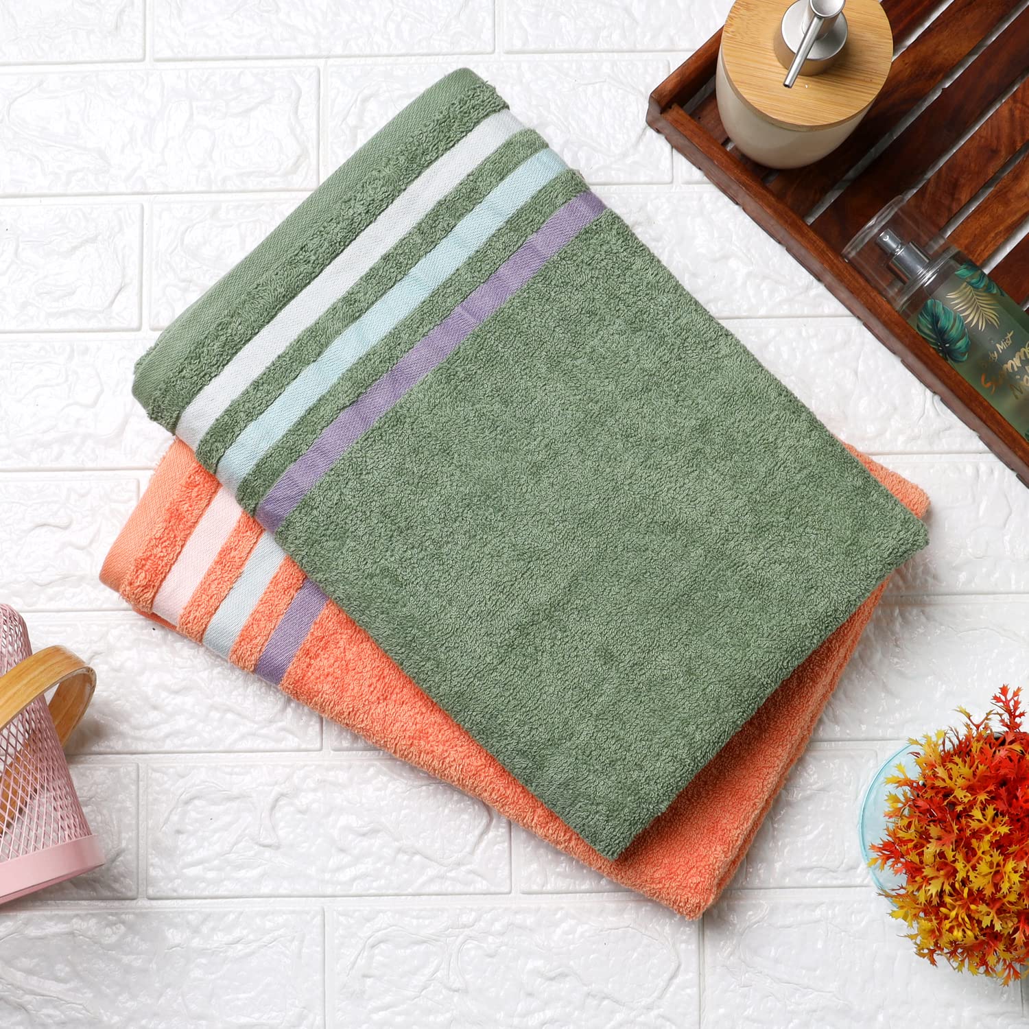 Bath Towel Set of 2, 100% Cotton Green Peach - Cherryland