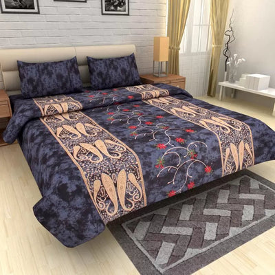 CherryLand Premium 100% Cotton Double Bedsheets King Size with 2 Pillow Covers Dark Blue Arabic Style - Cherryland